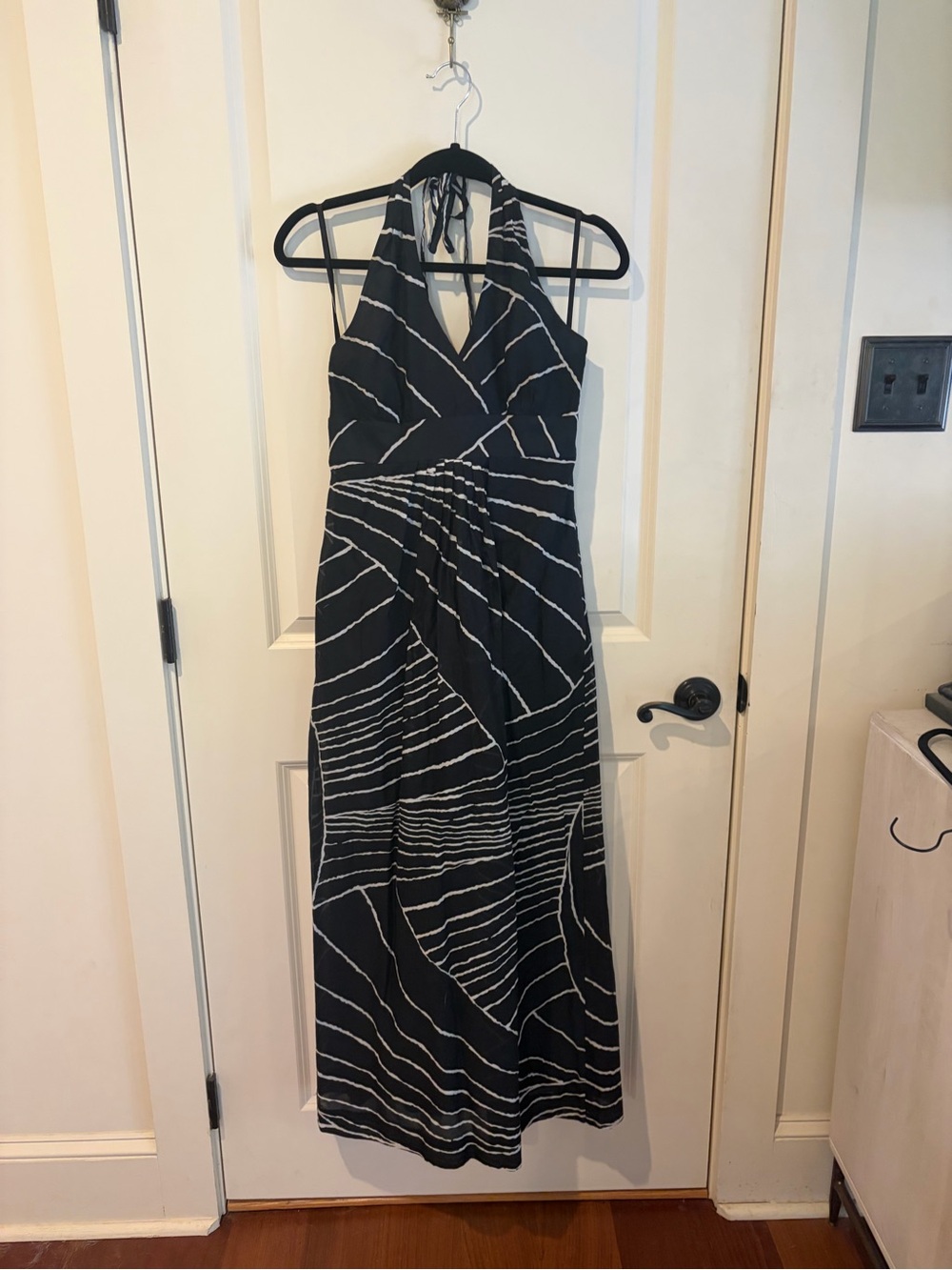 Ann Taylor Black and White Halter Maxi Dress with Abstract Stripes